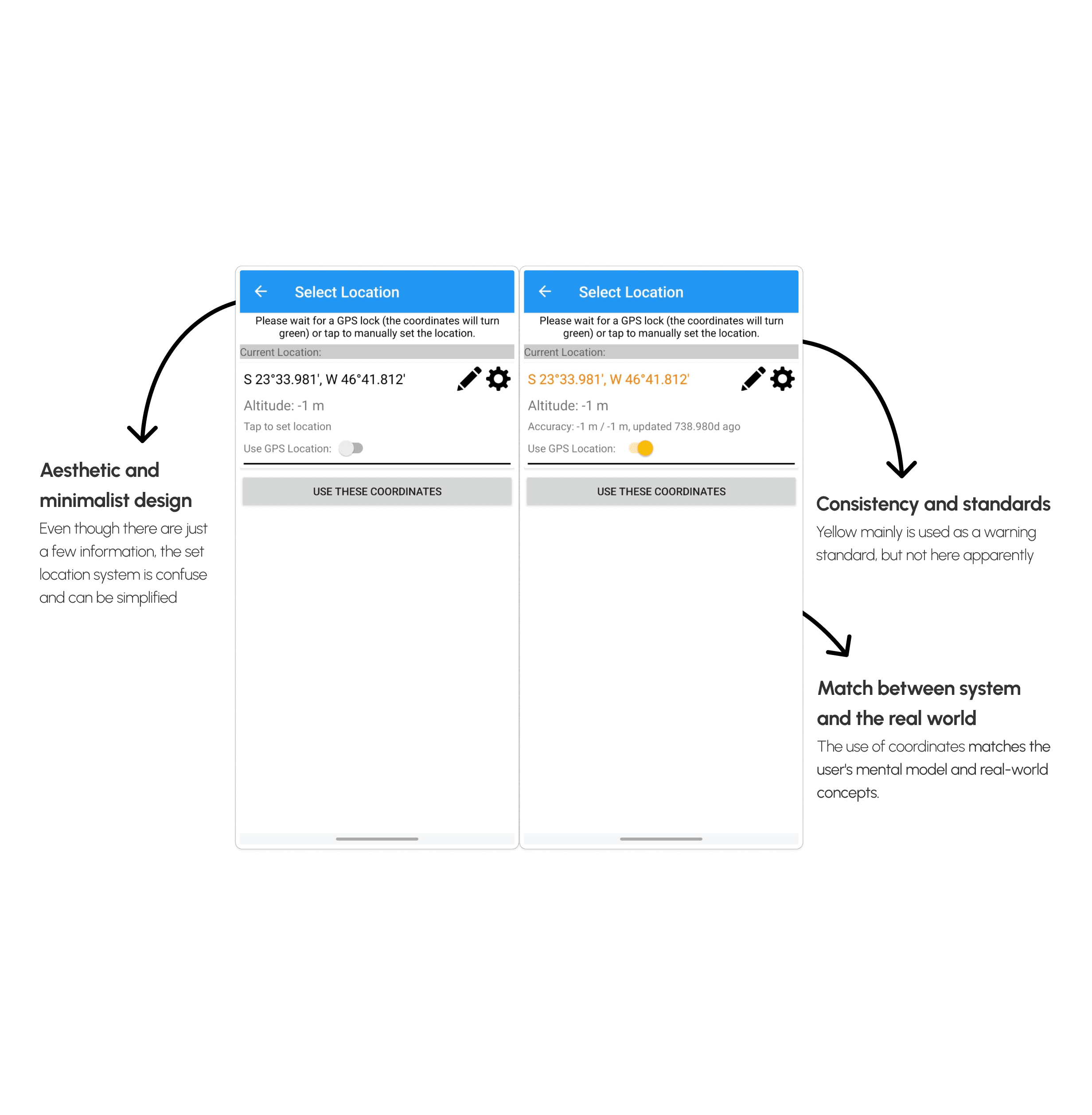 Select Location screen of the app, annotated with three usability heuristics