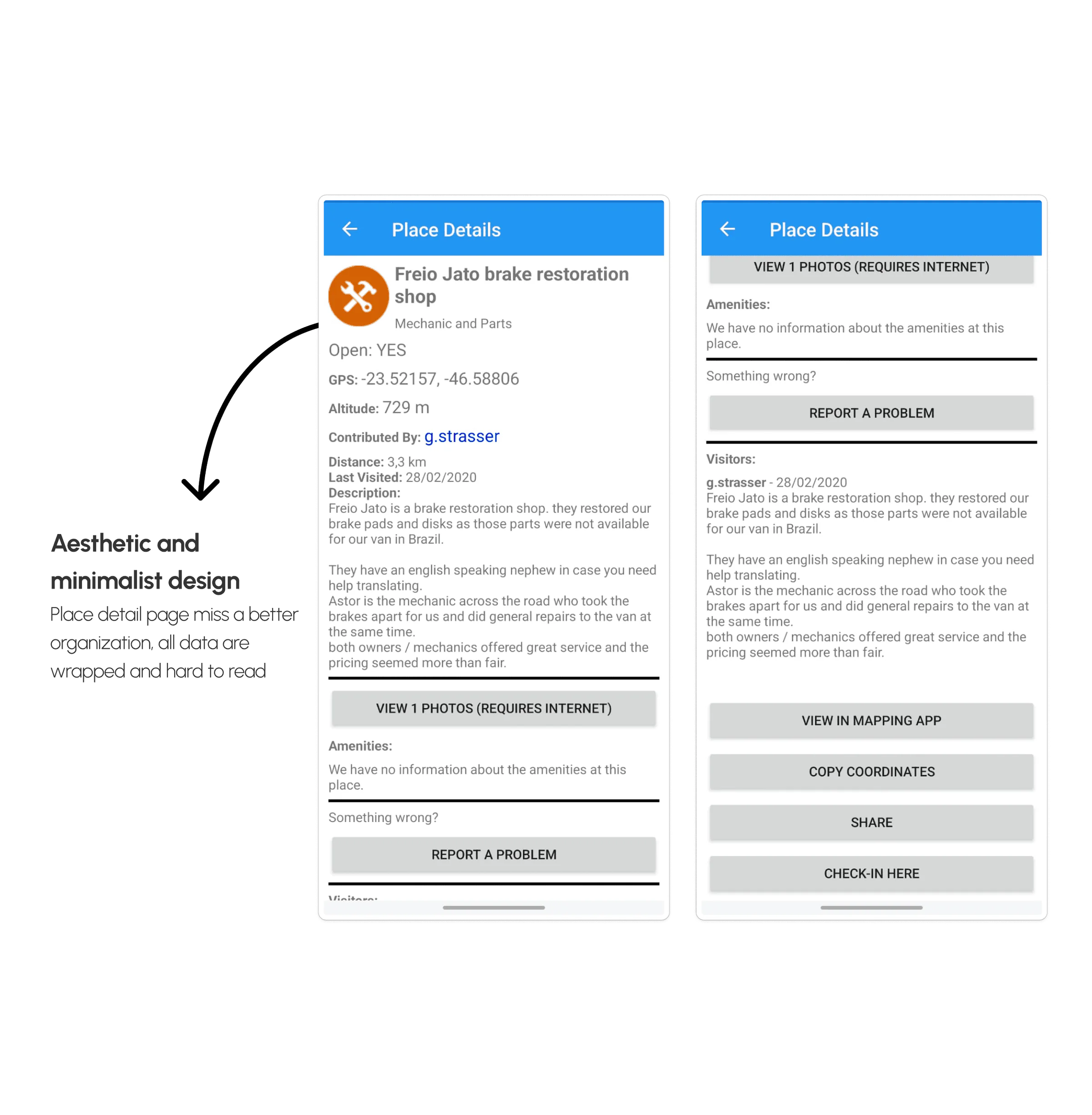 Place Details screen of the app, annotated with a usability heuristic