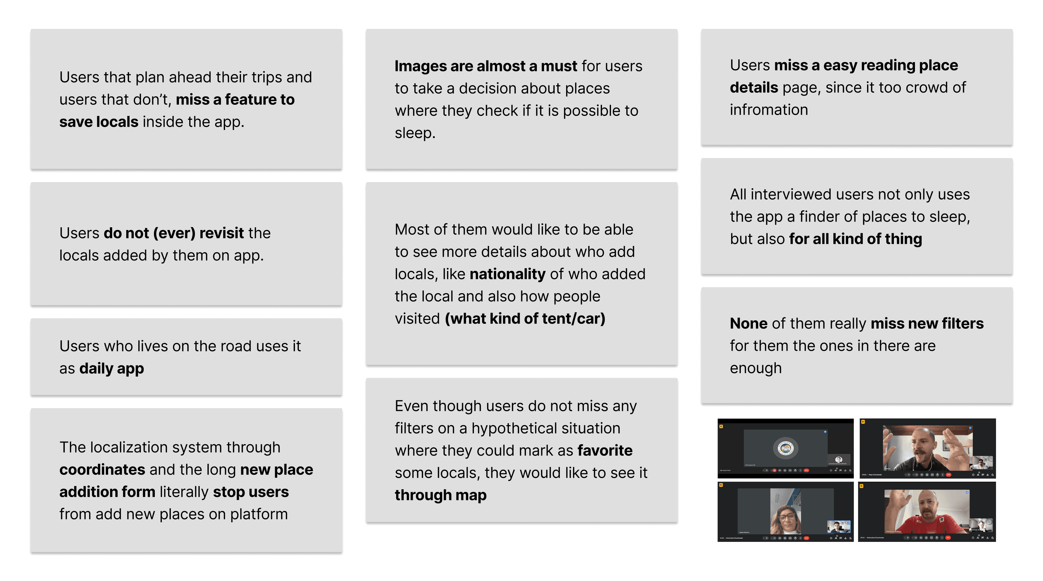 Board of grey sticky notes with the insights from the interviews, and thumbnails of the video calls