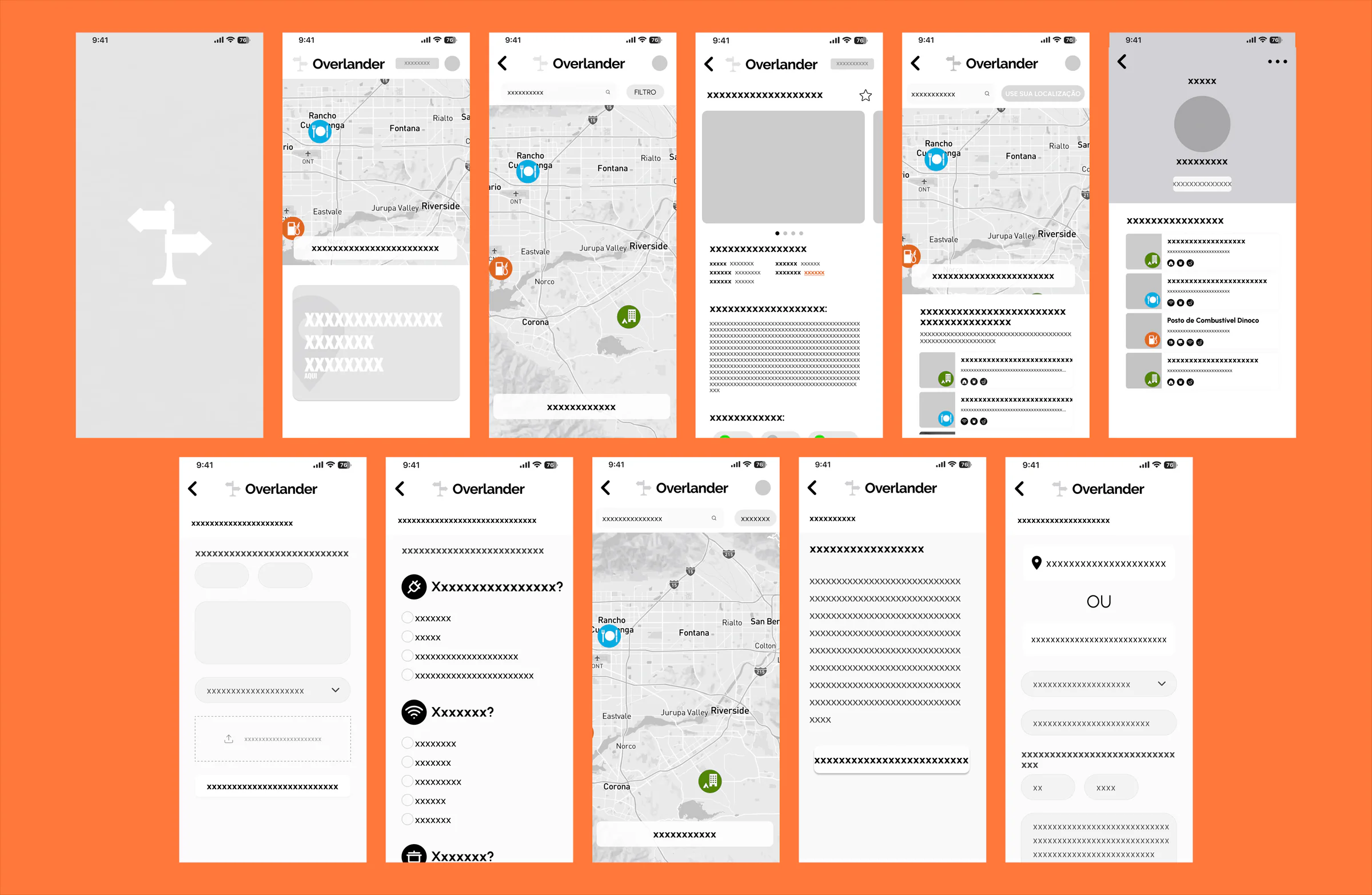 Mid-fidelity wireframes of the Overlander app on an orange background: map, place details, profile and the add-a-place form screens