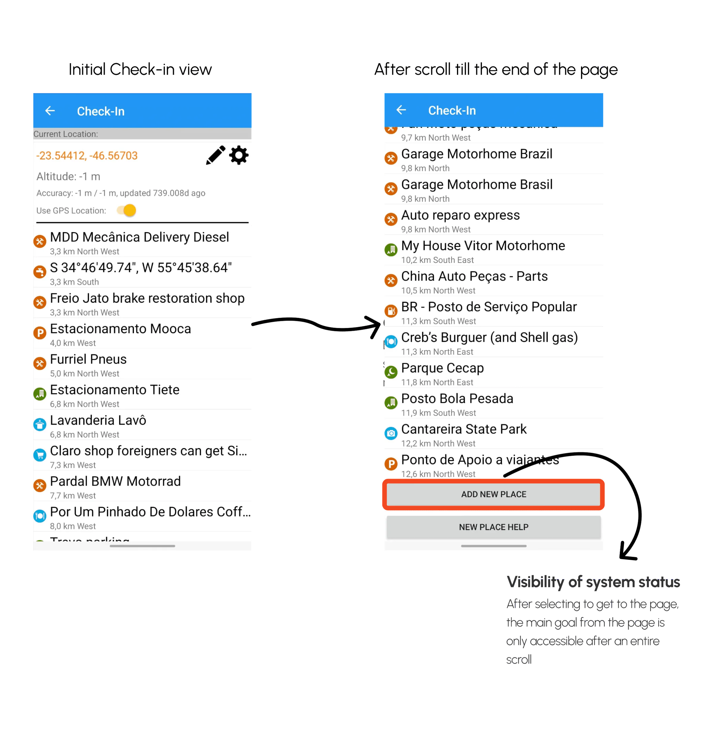 Initial Check-in view and the same page after scrolling to the end, annotated with the "visibility of system status" heuristic