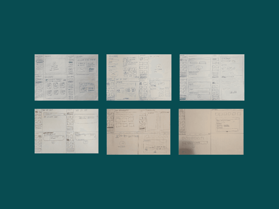 Board with six photos of paper sketches