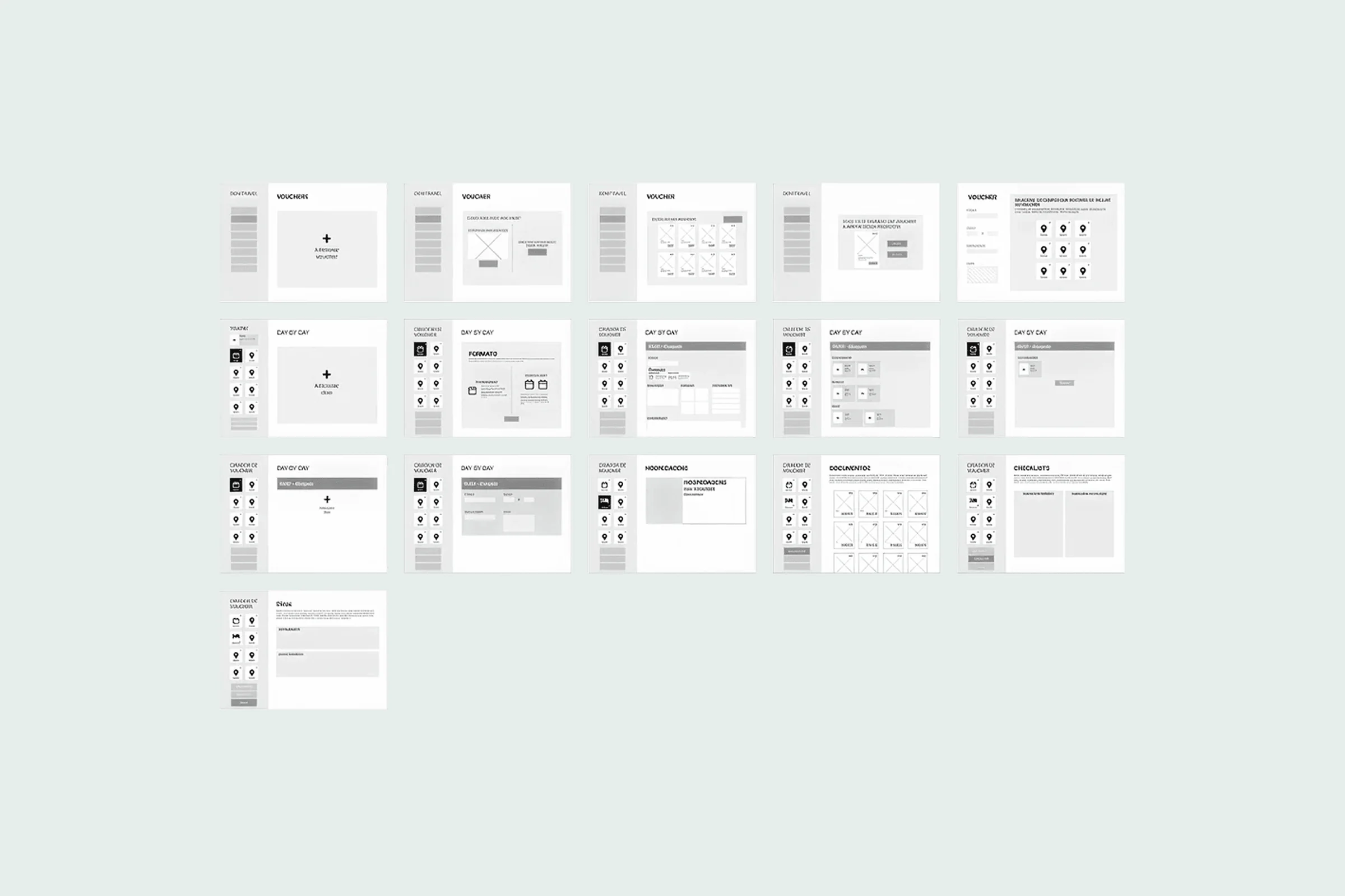 Grid of low-fidelity wireframes of the voucher and day-by-day screens