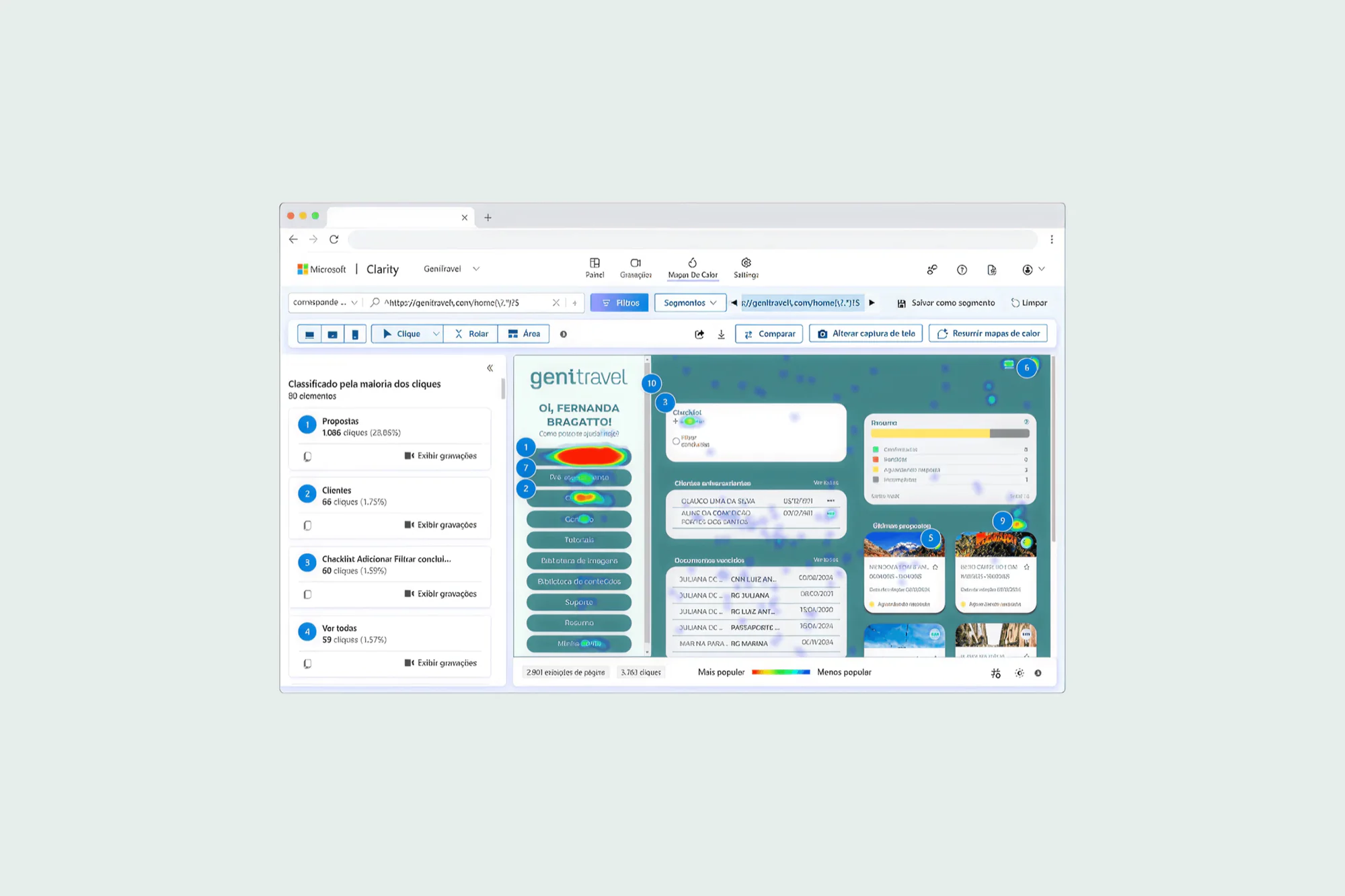 Microsoft Clarity click map over the Genitravel home page